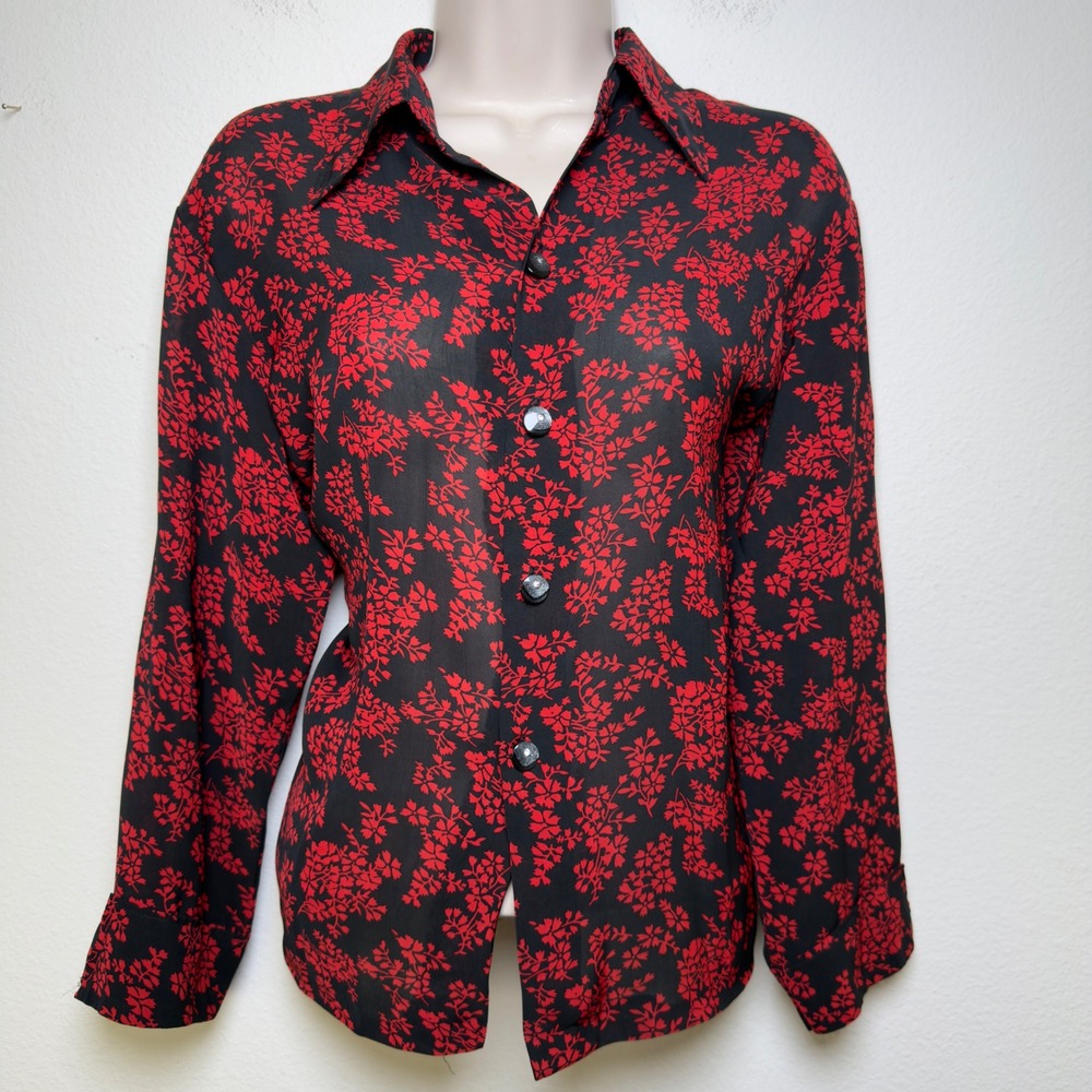 VTG 90s Whimsigoth Button Front Sheer Top Large Black Red Floral Artsy‎ Western